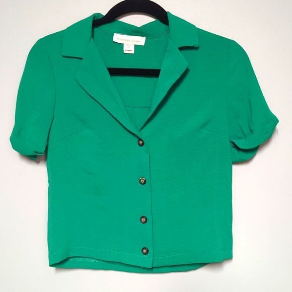 NWOT Monteau Green V Neck Button Down Blouse - Picture 1 of 6